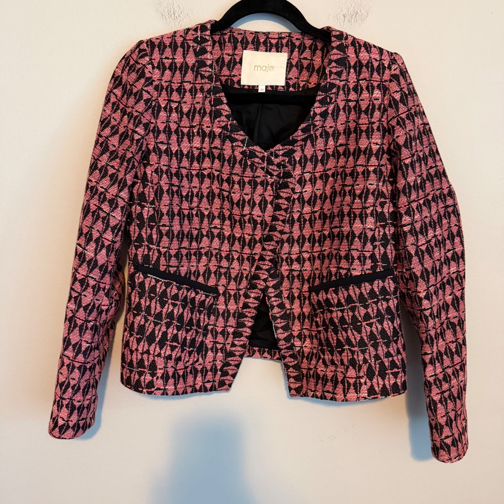 Maje Tweed Patch Pocket Jacket 40 pink Lady Jacket jacquard academia preppy